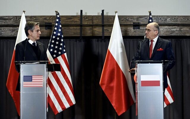 US Secretary of State Antony Blinken (L) and Polish Foreign Minister Zbigniew Rau  address a joint press conference in Rzeszów, Poland on March 5, 2022.(Olivier Douliery/Pool/AFP)