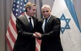US Secretary of State Antony Blinken (L) meets with Foreign Minister Yair Lapid in Riga, Latvia, on March 7, 2022. (Olivier Douliery/Pool/AFP)