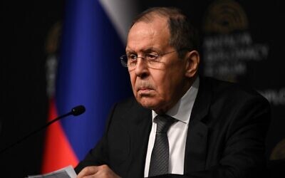 Russian Foreign Minister Sergei Lavrov looks on as he gives a press conference after meeting Ukraine's Foreign Minister for talks in Antalya, on March 10, 2022. (Ozan Kose/AFP)