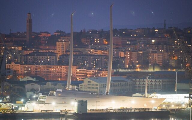 This photograph taken on March 10, 2022, shows a sailing yacht A owned by Russian oligarch Andrey Melnichenko in Trieste, Italy. (Jure Makovec / AFP)