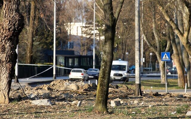 This picture taken on March 11, 2022 shows a crater on the ground after a flying object crashed overnight on the outskirts of the Croatian capital, Zagreb. (AFP) This picture taken on March 11, 2022 shows a crater on the ground after a flying object crashed overnight on the outskirts of the Croatian capital, Zagreb. (AFP)