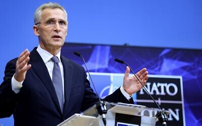NATO Secretary-General Jens Stoltenberg speaks during a press conference ahead of the alliance's defense ministers' meeting, at the NATO headquarters in Brussels, on March 15, 2022. (Kenzo Tribouillard/AFP)