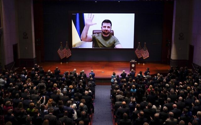 Ukrainian President Volodymyr Zelensky virtually addresses the US Congress on March 16, 2022, at the US Capitol Visitor Center Congressional Auditorium, in Washington, DC. (J. Scott Applewhite / POOL / AFP) Ukrainian President Volodymyr Zelensky virtually addresses the US Congress on March 16, 2022, at the US Capitol Visitor Center Congressional Auditorium, in Washington, DC. (J. Scott Applewhite / POOL / AFP)