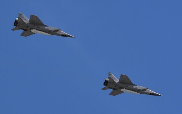This file photo taken on May 9, 2018 shows Russia's MiG-31 supersonic interceptor jets carrying hypersonic 'Kinzhal' (Dagger) missiles flying over Red Square during the Victory Day military parade in Moscow. (AFP) This file photo taken on May 9, 2018 shows Russia's MiG-31 supersonic interceptor jets carrying hypersonic 'Kinzhal' (Dagger) missiles flying over Red Square during the Victory Day military parade in Moscow. (AFP)