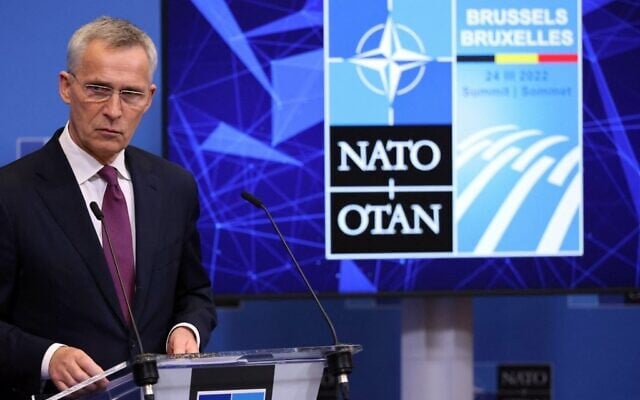 NATO Secretary General Jens Stoltenberg addresses a press conference at NATO Headquarters in Brussels on March 23, 2022. (Thomas COEX / AFP)