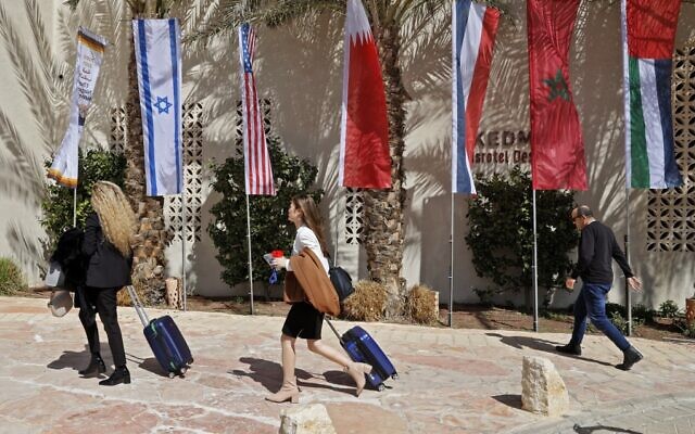 Attendees arrive at the Kedma hotel ahead of the Negev Summit, at Sde Boker in southern Israel on March 27, 2022. (Jack Guez/AFP) Attendees arrive at the Kedma hotel ahead of the Negev Summit, at Sde Boker in southern Israel on March 27, 2022. (Jack Guez/AFP)