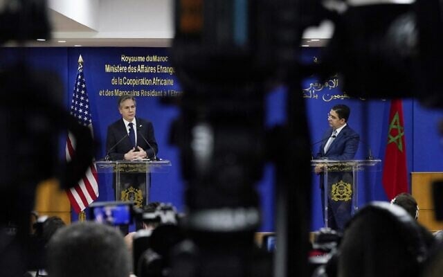 US Secretary of State Antony Blinken and Morocco's Foreign Minister Nasser Bourita, give a joint news conference at the Foreign Ministry in Rabat, Morocco, on March 29, 2022. (Jacquelyn Martin/Pool/AFP) US Secretary of State Antony Blinken and Morocco's Foreign Minister Nasser Bourita, give a joint news conference at the Foreign Ministry in Rabat, Morocco, on March 29, 2022. (Jacquelyn Martin/Pool/AFP)