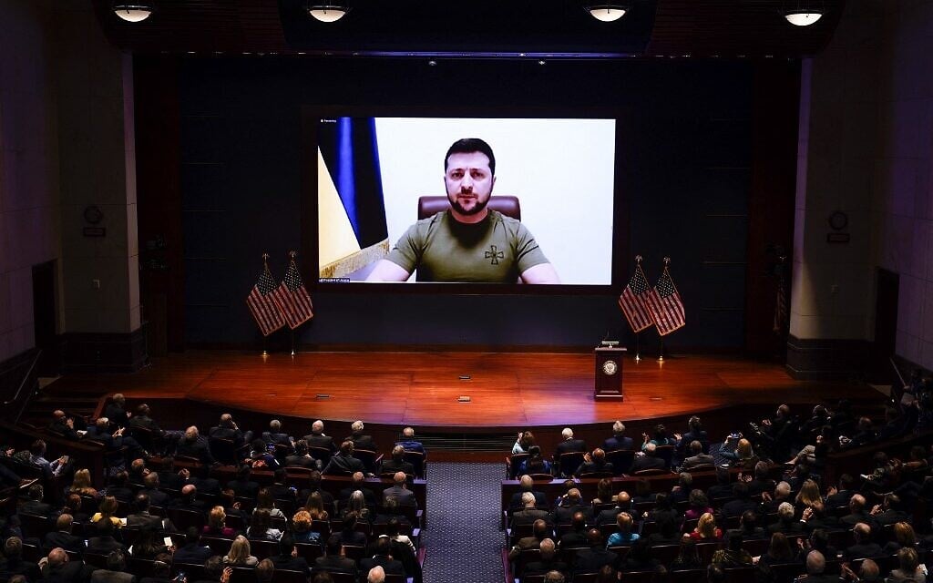 Ukrainian President Volodymyr Zelensky speaks to the US Congress by video to plead for support as his country is besieged by Russian forces at the US Capitol, on March 16, 2022, in Washington, DC. (J. Scott Applewhite-Pool/Getty Images/AFP) Ukrainian President Volodymyr Zelensky speaks to the US Congress by video to plead for support as his country is besieged by Russian forces at the US Capitol, on March 16, 2022, in Washington, DC. (J. Scott Applewhite-Pool/Getty Images/AFP)