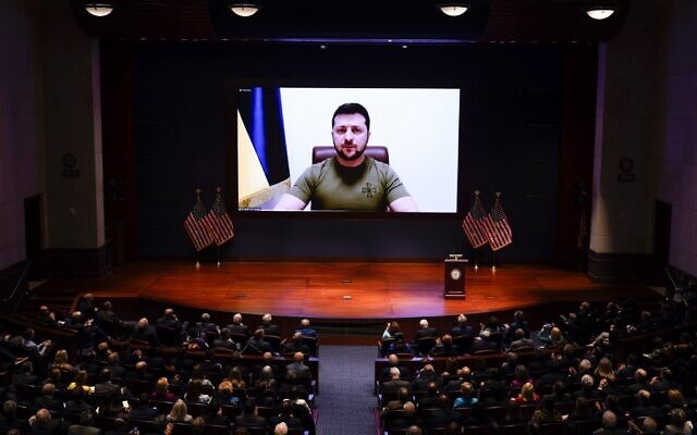 Ukrainian President Volodymyr Zelensky speaks to the US Congress by video to plead for support as his country is besieged by Russian forces at the US Capitol, on March 16, 2022, in Washington, DC. (J. Scott Applewhite-Pool/Getty Images/AFP)