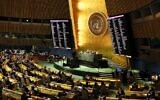 Members of the General Assembly vote on a resolution during a special session of the General Assembly at the United Nations headquarters, on March 2, 2022, in New York City. (Michael M. Santiago/Getty Images North America/Getty Images via AFP)