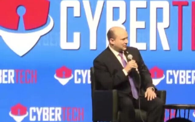 Prime Minister Naftali Bennett speaks at the Tel Aviv’s CyberTech conference, March 3, 2022. (Screenshot: Twitter) Prime Minister Naftali Bennett speaks at the Tel Aviv’s CyberTech conference, March 3, 2022. (Screenshot: Twitter)