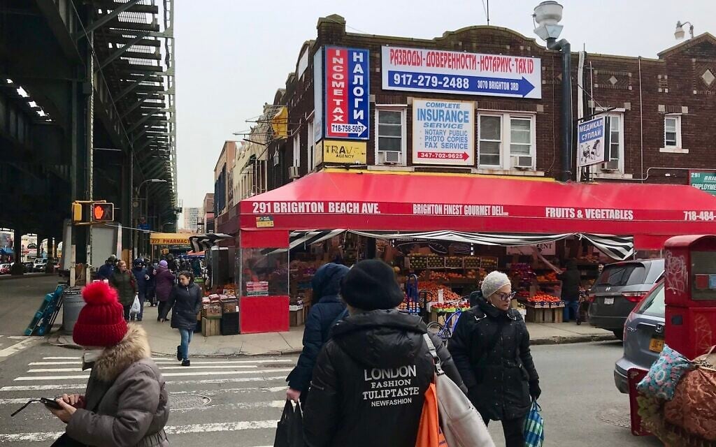 Stores, pharmacies, social services and restaurants serve Russian-speaking immigrants on Brighton Beach Avenue, a popular commercial district that runs parallel to the Coney Island boardwalk in Brooklyn. (Julia Gergely/JTA)