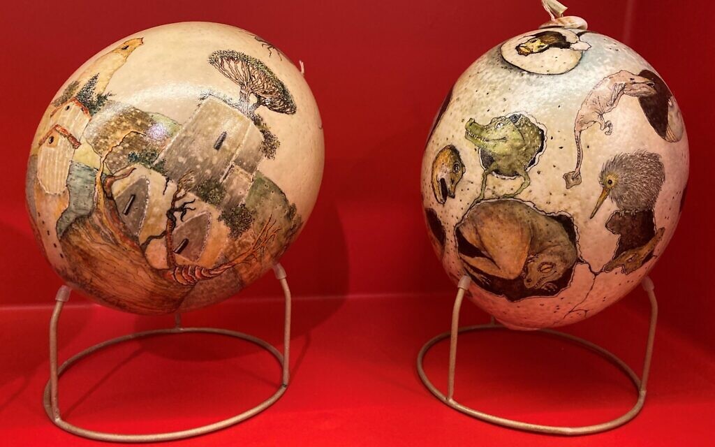 Illustration artist Hilla Havkin's illustrated ostrich eggs at the Israel Museum Illustration Library through June 2022 (Courtesy Ella Zimmer) Illustration artist Hilla Havkin's illustrated ostrich eggs at the Israel Museum Illustration Library through June 2022 (Courtesy Ella Zimmer)