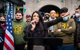 New York City Councilwoman Inna Vernikov leads a protest against antisemitism in Brooklyn, New York, on January 2, 2022. (Luke Tress/The Times of Israel)