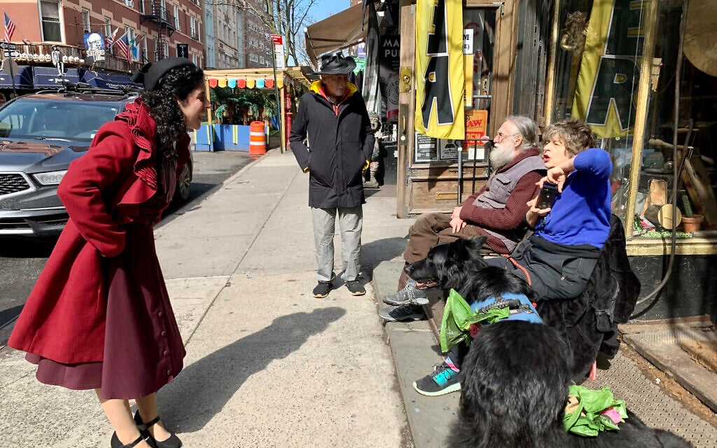 Jeff Slatnick, owner of the Music Inn, can frequently be found sitting outside the store. He is a fan of 'The Marvelous Mrs. Maisel.' (Courtesy of Jackie Hajdenberg/ JTA)