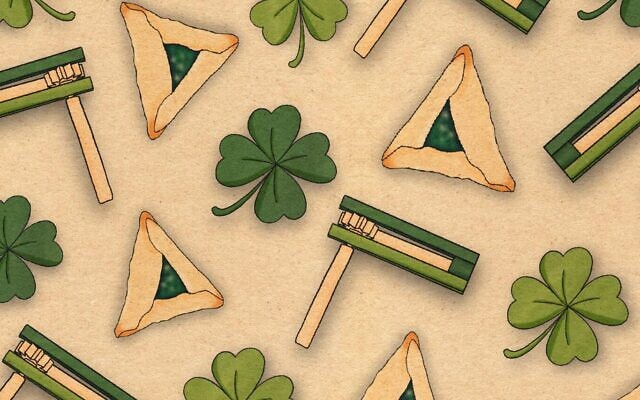 Purim, with its focus on joy, costumes, and alcohol consumption, meshes particularly well with some St. Patrick’s Day traditions, including drinking beer and wearing as much green as possible. (Illustration by Mollie Suss via JTA) Purim, with its focus on joy, costumes, and alcohol consumption, meshes particularly well with some St. Patrick’s Day traditions, including drinking beer and wearing as much green as possible. (Illustration by Mollie Suss via JTA)