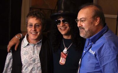 David Fishof, right, with Roger Daltrey, left, and Slash in 2007. (Rock and Roll Fantasy Camp/ via JTA)