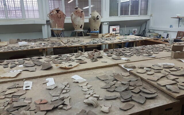 Stage of restoration of the 6th century BCE jars in the laboratories of the Israel Antiquities Authority under restorer Joseph Bocangolz. (Ortal Chalaf/IAA) Stage of restoration of the 6th century BCE jars in the laboratories of the Israel Antiquities Authority under restorer Joseph Bocangolz. (Ortal Chalaf/IAA)