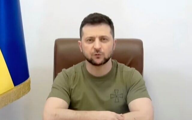 Ukrainian President Volodymyr Zelensky speaks from Kyiv, Ukraine, to Knesset lawmakers on March 20, 2022. (Screen capture: YouTube) Ukrainian President Volodymyr Zelensky speaks from Kyiv, Ukraine, to Knesset lawmakers on March 20, 2022. (Screen capture: YouTube)