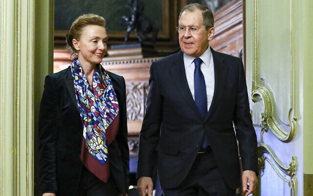 In this photo released by the Russian Foreign Ministry Press Service, Russian Foreign Minister Sergey Lavrov, right, and Secretary General of the Council of Europe Marija Pejcinovic Buric enter a hall for their joint news conference following their talks in Moscow, Russia, October 19, 2020. (Russian Foreign Ministry Press Service via AP) In this photo released by the Russian Foreign Ministry Press Service, Russian Foreign Minister Sergey Lavrov, right, and Secretary General of the Council of Europe Marija Pejcinovic Buric enter a hall for their joint news conference following their talks in Moscow, Russia, October 19, 2020. (Russian Foreign Ministry Press Service via AP)
