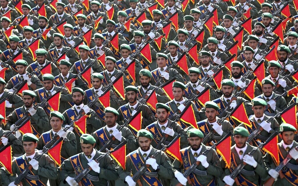 In this September 21, 2016, file photo, Iran’s Revolutionary Guard troops march in a military parade in Tehran, Iran. ​(AP Photo/Ebrahim Noroozi, File)