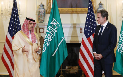 US Secretary of State Antony Blinken, right, and Saudi Foreign Minister Prince Faisal Bin Farhan Al Saud speak to reporters at the State Department in Washington, Oct. 14, 2021. (Jonathan Ernst/Pool via AP)