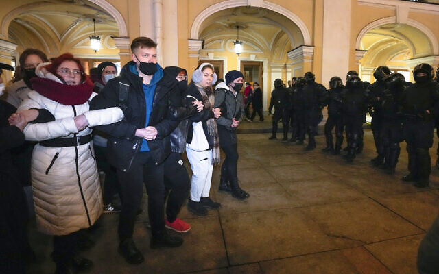 Police face demonstrators during a protest against Russia's attack on Ukraine in St. Petersburg, Russia, on Tuesday, March 1, 2022. (AP Photo/Dmitri Lovetsky) Police face demonstrators during a protest against Russia's attack on Ukraine in St. Petersburg, Russia, on Tuesday, March 1, 2022. (AP Photo/Dmitri Lovetsky)