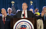 U.S. Rep. Lee Zeldin speaks to delegates and assembled party officials at the 2022 NYGOP Convention, March 1, 2022, in Garden City, NY. (John Minchillo/AP)