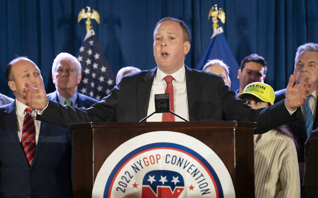 U.S. Rep. Lee Zeldin speaks to delegates and assembled party officials at the 2022 NYGOP Convention, March 1, 2022, in Garden City, NY. (John Minchillo/AP) U.S. Rep. Lee Zeldin speaks to delegates and assembled party officials at the 2022 NYGOP Convention, March 1, 2022, in Garden City, NY. (John Minchillo/AP)