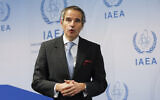 IAEA Director General Rafael Mariano Grossi speaks at a press conference after the IAEA Board of Governors meeting on the Situation in Ukraine at the Agency's headquarters in the Vienna International Centre in Vienna, Austria, on March 2, 2022. (Lisa Leutner/AP)