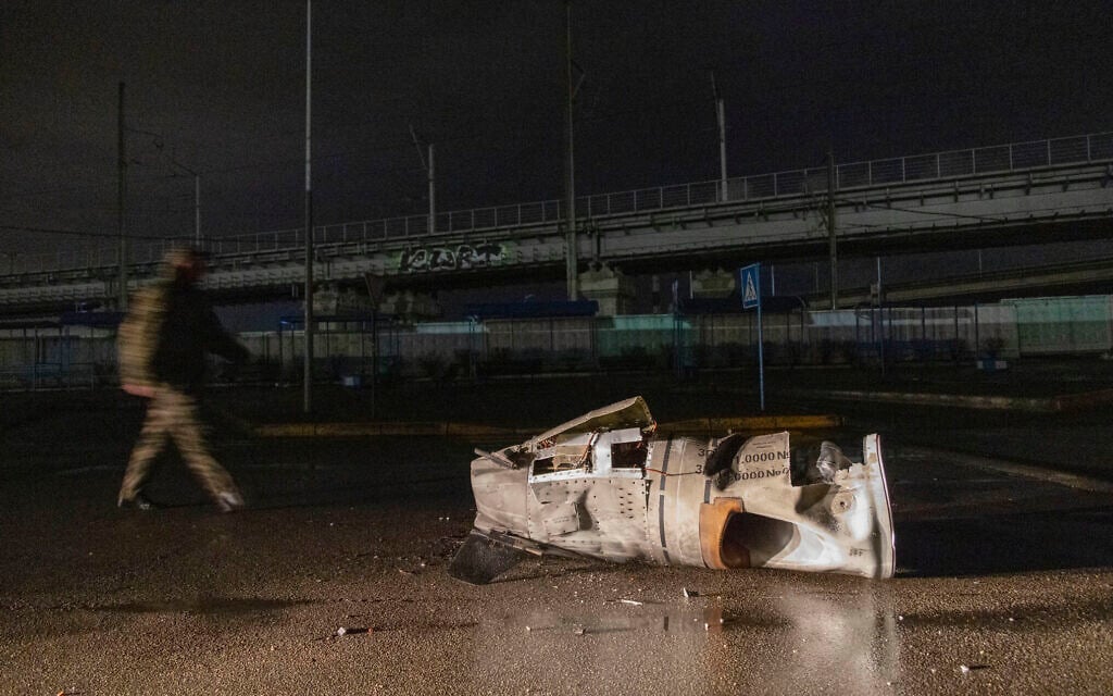 The remains of a Russian missile lies on the ground in Kyiv, Ukraine, on March 3, 2022. (AP Photo/Andriy Dubchak)