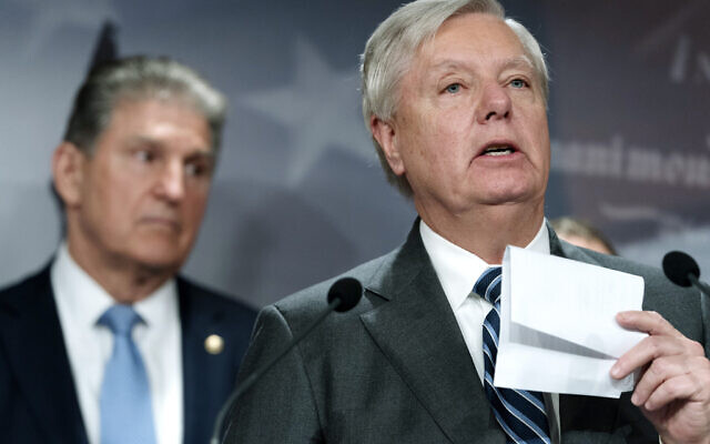 Sen. Lindsey Graham, R-S.C., right, with Sen. Joe Manchin, D-W.Va., speaks about their bill to ban Russian energy imports, Thursday, March 3, 2022, on Capitol Hill in Washington. (AP Photo/Jacquelyn Martin) Sen. Lindsey Graham, R-S.C., right, with Sen. Joe Manchin, D-W.Va., speaks about their bill to ban Russian energy imports, Thursday, March 3, 2022, on Capitol Hill in Washington. (AP Photo/Jacquelyn Martin)