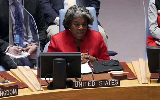 US Ambassador to the UN Linda Thomas-Greenfield addresses the UN Security Council, on March 4, 2022. (AP Photo/Richard Drew) US Ambassador to the UN Linda Thomas-Greenfield addresses the UN Security Council, on March 4, 2022. (AP Photo/Richard Drew)