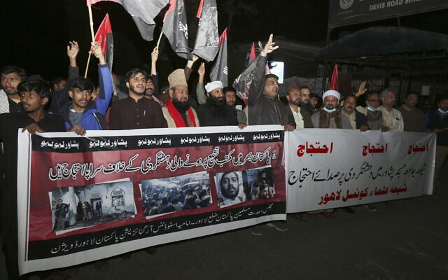 Shiite Muslims chant slogans during a demonstration to condemn the bomb explosion in a Shiite mosque, in Lahore, Pakistan, on Friday, March 4, 2022. (AP Photo/K.M. Chaudary) Shiite Muslims chant slogans during a demonstration to condemn the bomb explosion in a Shiite mosque, in Lahore, Pakistan, on Friday, March 4, 2022. (AP Photo/K.M. Chaudary)