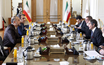 International Atomic Energy Organization director general Rafael Mariano Grossi, right, speaks with with Iran's Foreign Minister Hossein Amirabdollahian, left, during their meeting in Tehran, on March 5, 2022. (AP) International Atomic Energy Organization director general Rafael Mariano Grossi, right, speaks with with Iran's Foreign Minister Hossein Amirabdollahian, left, during their meeting in Tehran, on March 5, 2022. (AP)
