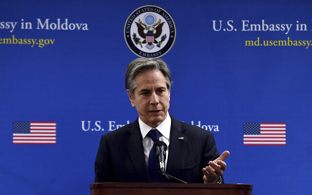 US Secretary of State Antony Blinken delivers remarks to US embassy staff at Novitas in Chisinau, Moldova, March 6, 2022. (Olivier Douliery/Pool Photo via AP) US Secretary of State Antony Blinken delivers remarks to US embassy staff at Novitas in Chisinau, Moldova, March 6, 2022. (Olivier Douliery/Pool Photo via AP)
