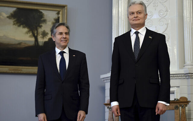US Secretary of State Antony Blinken, left, and Lithuania President Gitanas Nauseda pose for the media at the Preseident's Office in Vilnius, Lithuania, March 7, 2022. (Olivie Douliery/Pool via AP) US Secretary of State Antony Blinken, left, and Lithuania President Gitanas Nauseda pose for the media at the Preseident's Office in Vilnius, Lithuania, March 7, 2022. (Olivie Douliery/Pool via AP)