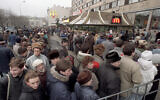 Hundreds of Muscovites line up outside the first McDonald's restaurant in the Soviet Union on its opening day, in Moscow, January 31, 1990. (AP Photo, File)