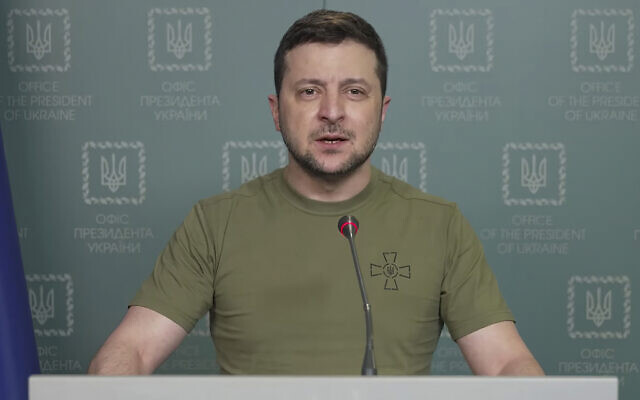 In this image from video provided by the Ukrainian Presidential Press Office and posted on Facebook, Ukrainian President Volodymyr Zelensky speaks in Kyiv, Ukraine, on Wednesday, March 9, 2022. (Ukrainian Presidential Press Office via AP) In this image from video provided by the Ukrainian Presidential Press Office and posted on Facebook, Ukrainian President Volodymyr Zelensky speaks in Kyiv, Ukraine, on Wednesday, March 9, 2022. (Ukrainian Presidential Press Office via AP)