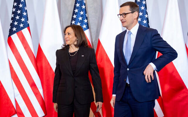 Poland's Prime Minister Mateusz Morawiecki, right, greets US Vice President Kamala Harris as she arrives for a meeting, in Warsaw, Poland, March 10, 2022. (Saul Loeb/Pool Photo via AP) Poland's Prime Minister Mateusz Morawiecki, right, greets US Vice President Kamala Harris as she arrives for a meeting, in Warsaw, Poland, March 10, 2022. (Saul Loeb/Pool Photo via AP)