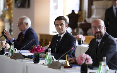 President of the European Council Charles Michel, right, French President Emmanuel Macron, center, and High Representative of the European Union for Foreign Affairs and Security Policy Josep Borrell attend an informal summit of EU leaders at the Chateau de Versailles in Versailles, west of Paris, March 11, 2022. (Sarah Meyssonnier/Pool via AP) President of the European Council Charles Michel, right, French President Emmanuel Macron, center, and High Representative of the European Union for Foreign Affairs and Security Policy Josep Borrell attend an informal summit of EU leaders at the Chateau de Versailles in Versailles, west of Paris, March 11, 2022. (Sarah Meyssonnier/Pool via AP)