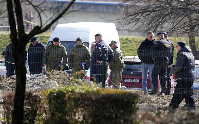 Police inspect site of a drone crash in Zagreb, Croatia, on March 11, 2022. (AP Photo/Darko Bandic) Police inspect site of a drone crash in Zagreb, Croatia, on March 11, 2022. (AP Photo/Darko Bandic)