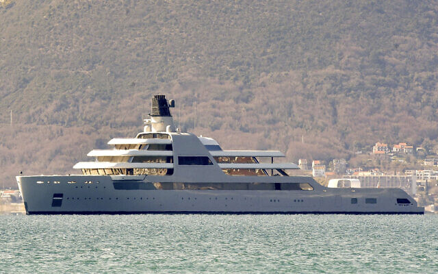 A view of Russian-Jewish tycoon Roman Abramovich's superyacht Solaris anchored in Tivat, Montenegro, March 12, 2022. (AP Photo/Risto Bozovic) A view of Russian-Jewish tycoon Roman Abramovich's superyacht Solaris anchored in Tivat, Montenegro, March 12, 2022. (AP Photo/Risto Bozovic)