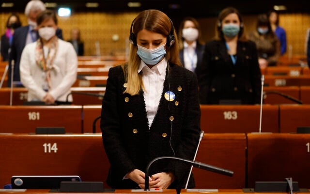 Members of the Parliamentary Assembly of the Council of Europe (PACE) hold a minute of silence for victims of the war in Ukraine, March 14, 2022, in Strasbourg, eastern France. (Jean-Francois Badias/AP) Members of the Parliamentary Assembly of the Council of Europe (PACE) hold a minute of silence for victims of the war in Ukraine, March 14, 2022, in Strasbourg, eastern France. (Jean-Francois Badias/AP)