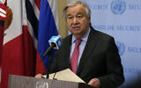 Illustrative: United Nations Secretary-General Antonio Guterres makes a statement outside the Security Council at UN headquarters, March 14, 2022. (Richard Drew/AP)