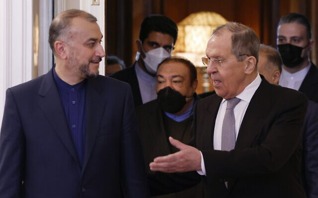 Russian Foreign Minister Sergey Lavrov, right, welcomes Iranian Foreign Minister Hossein Amir Abdollahian for the talks in Moscow, Russia, Tuesday, March 15, 2022. (Maxim Shemetov/Pool Photo via AP) Russian Foreign Minister Sergey Lavrov, right, welcomes Iranian Foreign Minister Hossein Amir Abdollahian for the talks in Moscow, Russia, Tuesday, March 15, 2022. (Maxim Shemetov/Pool Photo via AP)
