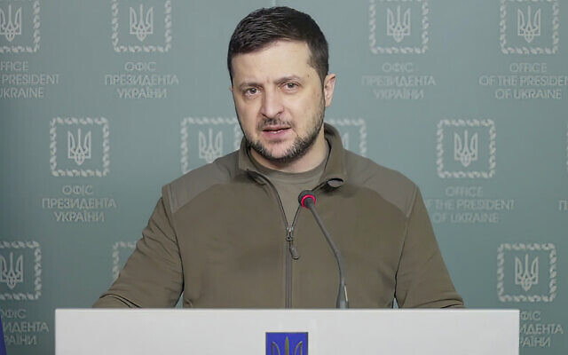 In this image from video provided by the Ukrainian Presidential Press Office and posted to Facebook on March 15, 2022, Ukrainian President Volodymyr Zelensky speaks in Kyiv, Ukraine. (Ukrainian Presidential Press Office via AP) In this image from video provided by the Ukrainian Presidential Press Office and posted to Facebook on March 15, 2022, Ukrainian President Volodymyr Zelensky speaks in Kyiv, Ukraine. (Ukrainian Presidential Press Office via AP)