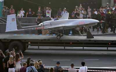 A Turkish-made Bayraktar TB2 drone is displayed during a rehearsal of a military parade dedicated to Independence Day in Kyiv, Ukraine, Aug. 20, 2021. (/Efrem Lukatsky/AP)