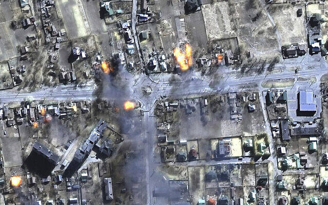 This satellite image provided by Maxar Technologies shows burning buildings in a residential area in northeast Chernihiv, Ukraine, on March 16, 2022. (Maxar Technologies via AP) This satellite image provided by Maxar Technologies shows burning buildings in a residential area in northeast Chernihiv, Ukraine, on March 16, 2022. (Maxar Technologies via AP)
