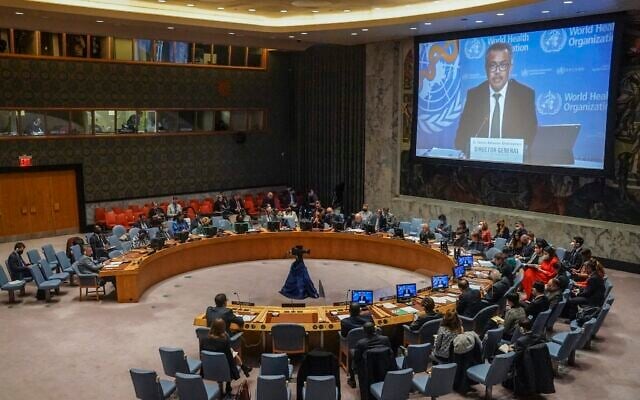 World Health Organization (WHO) Director General Dr. Tedros Adhanom Ghebreyesus report by video on the humanitarian crisis in Ukraine, during a meeting of the United Nations Security Council, on March 17, 2022, at UN headquarters. (AP Photo) World Health Organization (WHO) Director General Dr. Tedros Adhanom Ghebreyesus report by video on the humanitarian crisis in Ukraine, during a meeting of the United Nations Security Council, on March 17, 2022, at UN headquarters. (AP Photo)